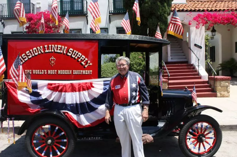 David Taggart with Mission Linen Supply‘s 1923 Model T Ford at Fourth of July festivities